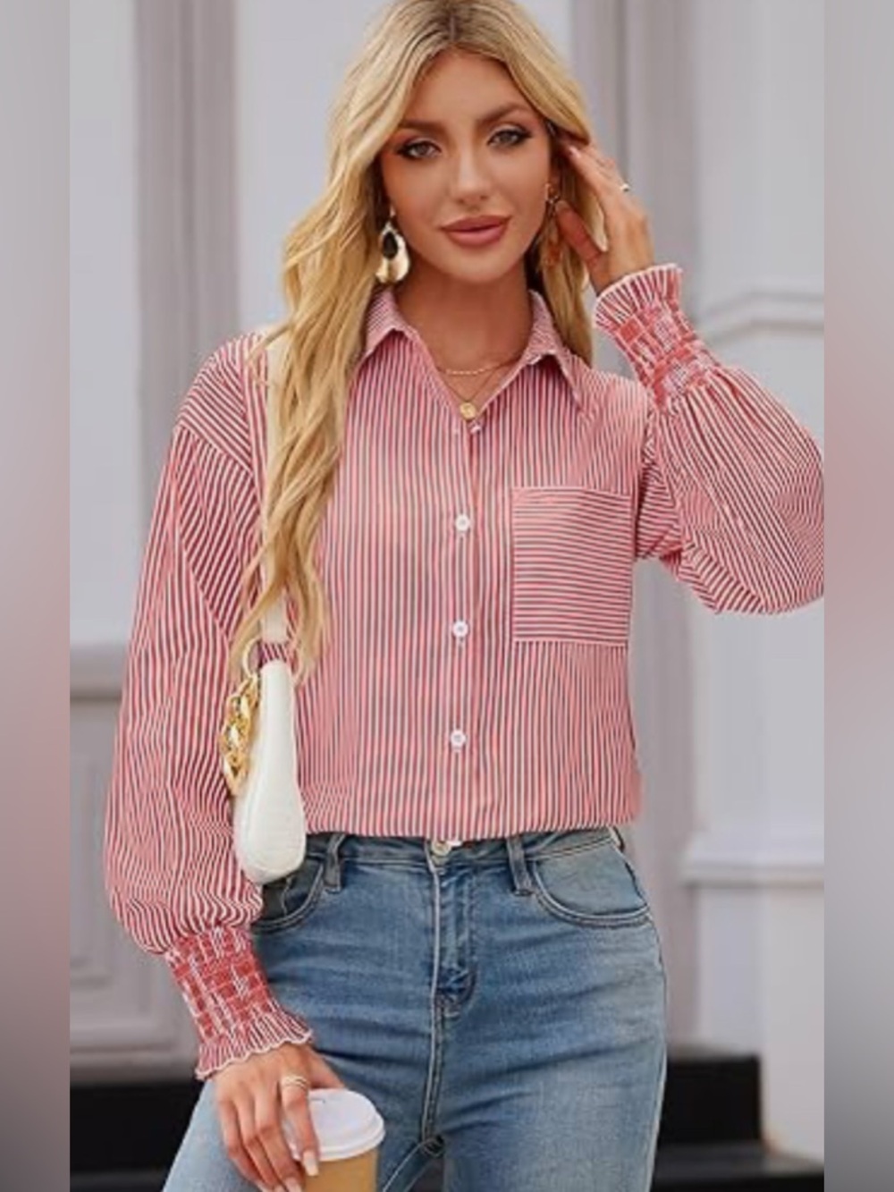 NWT-2XL Button Down
Red Striped Smocked Cuff Long Sleeve
Pocket Casual Collar